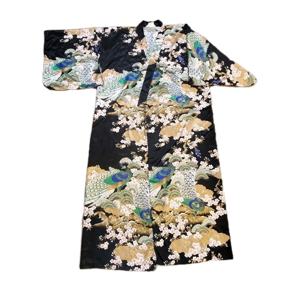 Rare Vintage Japan Long Black Kimono Peacocks Birds Black No Belt Unisex